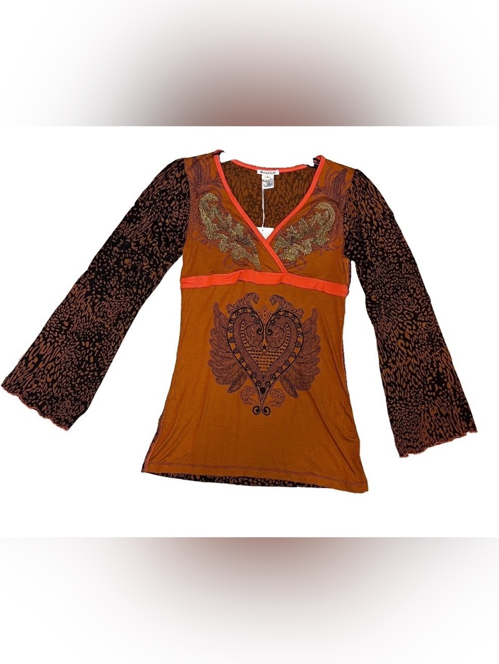 NWT~ Krista Lee Rust/Brown Long Sleeve Boho Top  Sz M Runs Small Rayon Lycra